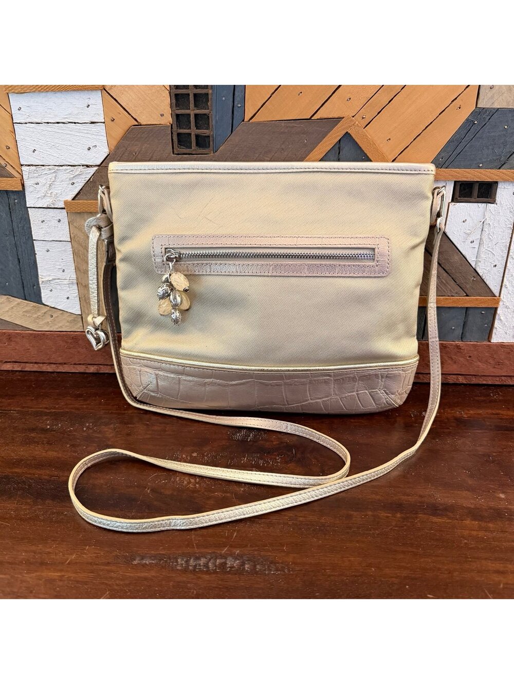 Brighton Vintage Beige Nylon Crossbody Bag Metallic Crocodile Trim Charm